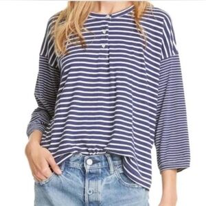 THE GREAT Shrunken Henley Navy and White Striped Long Sleeve Top